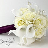 CHOOSE RIBBON COLOR - White Calla Lily and Ivory Rose Bouquet, Pearls, Calla Lily Bridal Bouquet, Real Touch Bouquet, Ivory Wedding Bouquet
