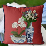Chinoiserie red garden pillow cover - Orchid floral outdoor cushion - Asian scatter cushion - Water resistant patio pillow designer cushion