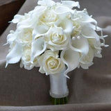 Ivory Bridal Bouquets, Ivory Real Touch Roses, Calla Lilies Wedding Bouquets, Pearls Bouquets