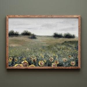 Vintage Inspired landscape, field landscape, outdoorsy decor, landscape painting, mountain lake art, sunflower art, moody country landscape