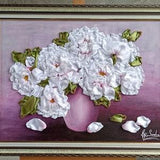 Peony. Peony bouquet. Peony from satin on the wall. Three-dimensional picture of flowers. Silk ribbon design. Acrilyc painting