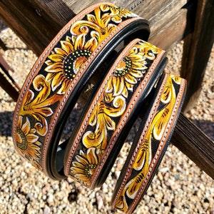Leather Dog Collar- Yellow Sunflower - Tooled - Soft oiled leather- Small Medium Large Dog Collars- Durable - Comfortable Dog Collar