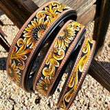 Leather Dog Collar- Yellow Sunflower - Tooled - Soft oiled leather- Small Medium Large Dog Collars- Durable - Comfortable Dog Collar