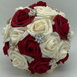 Dark Ivory & Dark Red Bouquet l Real Touch Rose Brooch Bouquet l Bridal Bouquet l Boutonniere l Corsage lWedding lQuinceanera Bouquet