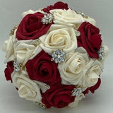 Dark Ivory & Dark Red Bouquet l Real Touch Rose Brooch Bouquet l Bridal Bouquet l Boutonniere l Corsage lWedding lQuinceanera Bouquet
