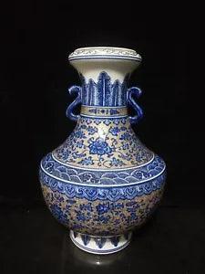 13.8" Old qing dynasty qianlong mark Porcelain blue White peony flower ear vase