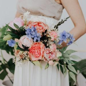 Silk bloom bouquet / large blush pink peony bouquet / eucalyptus and blue dancing flowers