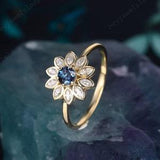 Vintage Alexandrite Floral Engagement Ring, 14K Yellow Gold Sunflower Alexandrite Wedding Ring,  Nature Inspired Promise Anniversary  Ring