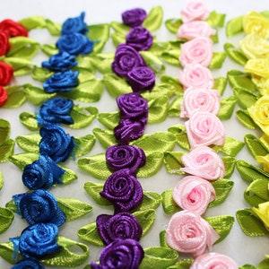 50 Mini Satin Ribbon Roses Flowers with leaves. Assorted Colors for Crafting, Sewing and Doll's Clothing.