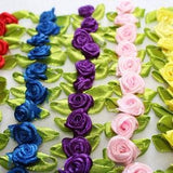 50 Mini Satin Ribbon Roses Flowers with leaves. Assorted Colors for Crafting, Sewing and Doll's Clothing.