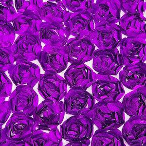 Purple Rosette Fabric 3D Floral Fabric By The Yard, Peony Bouquet Fabric on Mesh, 3D Rosette Satin Fabric Wedding Decor.