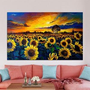Large Wall Art, Canvas Home Decor, 3D Wall Art, Sunflower Field Painting, Oil Painting Print, Field Landscape Wall Decor, Sunflower Wall Art