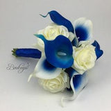 CHOOSE RIBBON COLOR - Royal Blue Calla Lily Bouquet, Royal Blue Bridal Bouquet, Calla Lily Bouquet, Real Touch Rose and Calla Lily Bouquet
