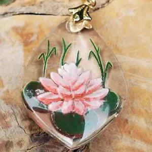 Painted Lotus Flower Lily Pad Vintage German Intaglio Glass Jewelry Pendant