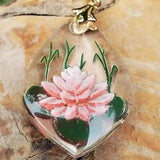 Painted Lotus Flower Lily Pad Vintage German Intaglio Glass Jewelry Pendant
