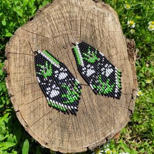 Paws prints on black base Seed bead Beadwork Fringe Tassel earrings Aesthetic Cat mom Pets lover Handwoven Earring Slow fashion Colorful