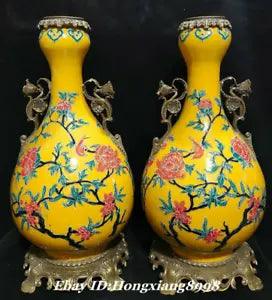 18.1" Old China Copper Yellow Glazed Porcelain Peony Flower Bottle Vase Pair