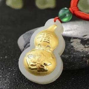 Lucky Peony Flower Bow Tie Fu Gourd Pendant Yellow Gold Leaf Nephrite Jade