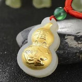 Lucky Peony Flower Bow Tie Fu Gourd Pendant Yellow Gold Leaf Nephrite Jade