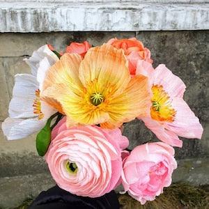 Poppies, Iceland poppies,Bridal bouquet, ,Wedding buquet Crepe Paper Flower Ranunculu this bouquet contains 3 flowers