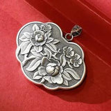 S999 Real Fine Silver Women Pendant Lucky Peony Flower Carved Lock Pendant