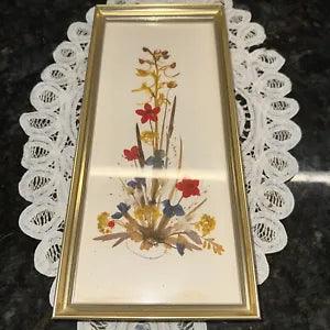 Vintage Reichlin Switzerland Pressed Dried Flowers in Gold Tone Frame Boho Decor