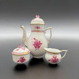 Herend Porcelain Coffee Set Pot Creamer And Covered Sugar Raspberry Chinese Bouquet Apponyi Flowers Rose Finial