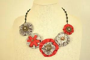 Handmade Gray Red Fabric Floral Peony Upcycled Crystal Bead Statement Necklace