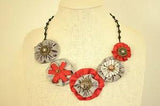 Handmade Gray Red Fabric Floral Peony Upcycled Crystal Bead Statement Necklace
