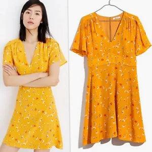 MADEWELL Split Sleeve Yellow Silk Belladonna Dress in Painted Carnations Size 12