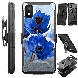 Holster Case for Cricket ICON 4 Phone Case Kick Stand Cover PEONY BLUE FLOWER