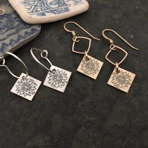 Sunflower Roma earrings ~ sterling silver ~ mixed metal w/ bronze ~ 14k gold fill ~ sleepers ~ great for kids ~ stamped square charm