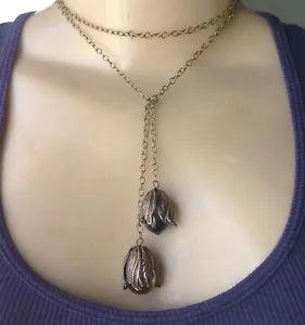 Pools of Light Necklace Rock Crystal & Brass Lily Lariat Art Nouveau Pendants