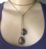 Pools of Light Necklace Rock Crystal & Brass Lily Lariat Art Nouveau Pendants