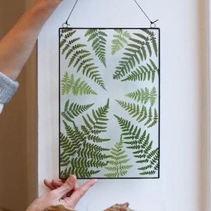 Dried Fern plant in stained glass frame, pressed leaves wall hanging, rectangle floating frame, botanical window art, herbarium decor