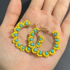 Yellow and sky blue Flower Hoops I Sunflower Hoops I Custom Bead earrings I Bead hoops I Summer Hoop Earrings
