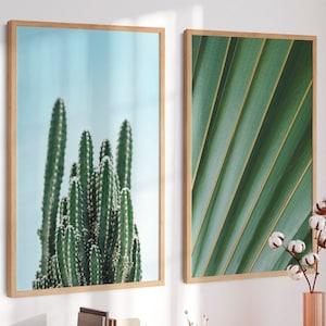 Monstera leaf print, Cactus Poster, Palm leaves, Succulent Plant, Green Set of 2, Tropical Wall Art, Spring Summer, Dine room Art, Aesthetic
