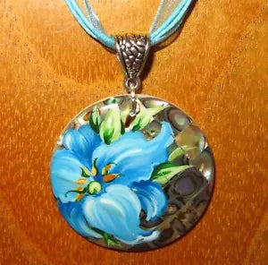 BLUE LILY FLOWER PENDANT Genuine Russian hand painted Abalon SHELL Unique ART