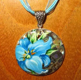 BLUE LILY FLOWER PENDANT Genuine Russian hand painted Abalon SHELL Unique ART
