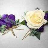 2 Piece Bridal/Wedding Set - Wrist Corsage & Pin Boutonniere - Ivory and Purple Roses and Greenery, Silk Flowers, ANY COLOR, New