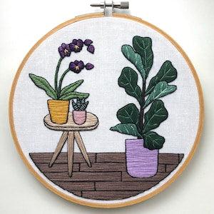 Fiddle Leaf Fig & Orchid Embroidery Hoop, Handmade Floral Artwork, Botanical Embroidery Art, Plant Lady Gift, Plant Decor, Housewarming Gift