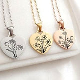 Combined birth month flower bouquet heart necklace with birthstone, personalized birthday pendant engraved with up to 5 flowers gift for mom