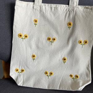 Sunflowers hand embroidered canvas tote bag
