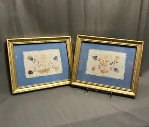 Pair Dried Pressed Flowers in Paper Framed Wall Art Signed
