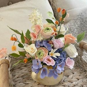 Pastel ranunculus bouquet in the vintage creamer. One of a kind gift. Provence decor. Clay flowers. Artificial floral arrangement