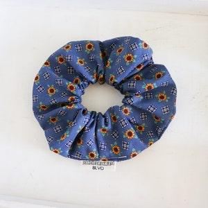 Sunflower Scrunchie, Blue Flower Hair Tie, Jumbo Cotton Scrunchie, XXL Hair Accessory, Aesthetic Gifts for Her