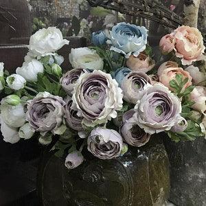 Vintage Ranunculus Bouquet, Artificial Buttercup with Foliage, Home Flower Decor, Wedding Floral Arrangement, Dining Room Table Centerpiece