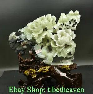 14" China Xiu Jade Hand Carved Feng Shui Peony Flower Bird Axe Luck Statue