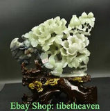 14" China Xiu Jade Hand Carved Feng Shui Peony Flower Bird Axe Luck Statue