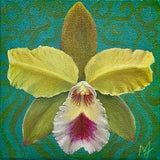 GREEN CATTLYA ORCHID - original one-of-a-kind oil painting, gold leaf wall art, tropical decor, botanical art, 3D flower, Art Nouveau